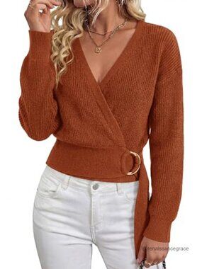 Women's V-Neck Wrap Belted Knit Sweater Long Sleeve Chunky Pullover